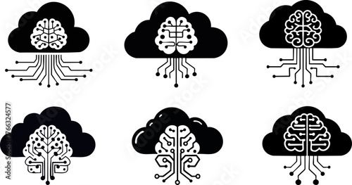 Silhouette of Digital Learning and Online Upskilling. Abstract designs of brains integrated with cloud and circuit patterns, representing technology, AI, and connectivity.