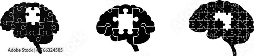 Silhouette of Mindset and Self-Improvement. Three puzzle piece brain silhouettes, symbolizing mental processes, problem-solving, and cognitive functions in a minimalist design.