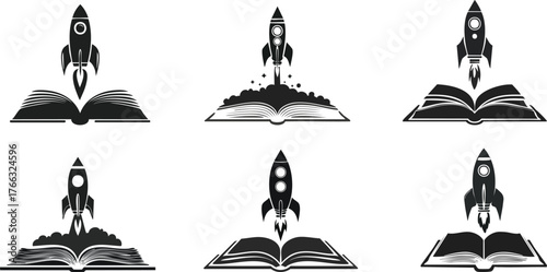 Silhouette of Future Skills and Innovation. A creative design featuring rockets launching from open books, symbolizing knowledge, exploration, and imagination in a minimalist style.