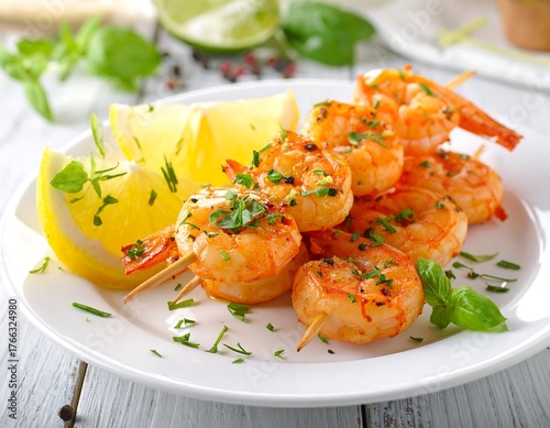 Appetizing grilled shrimp skewers with lemon slices and garnish