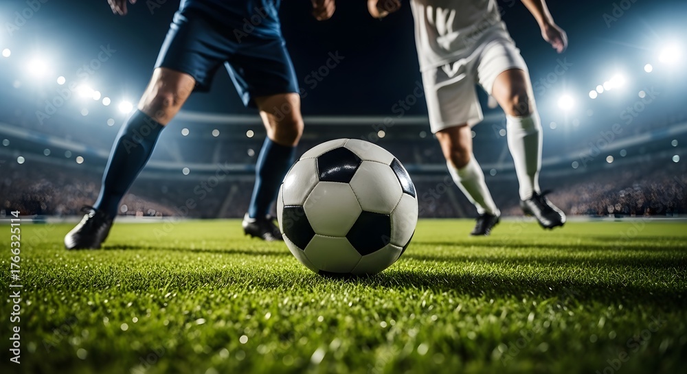 Obraz premium Soccer Match Thrill Players Compete for the Ball Under Stadium Lights Intense Focus