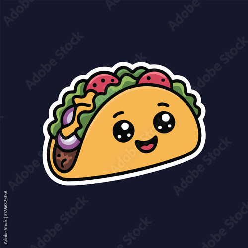 A cartoon taco with a cute face filled with lettuce tomatoes onion and meat on a dark background