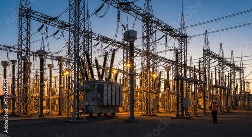 Powerful industrial substation at sunset with glowing lights and worker overseeing operations