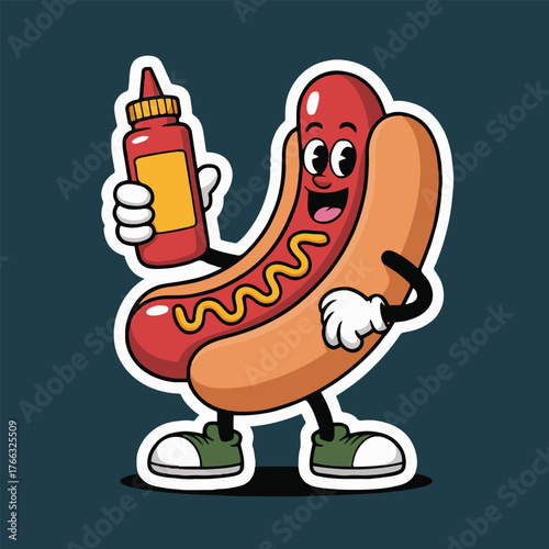 A cartoon hotdog character holding a bottle of ketchup on a dark blue background with white outline