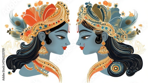 Colorful Devotional Clipart of Two Artistic Figures Inspired by Radha and Krishna in Traditional Style
