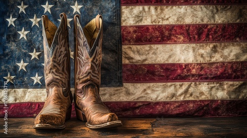 Worn Leather Cowboy Boots against a Vintage American Flag Background with Denim Jacket
