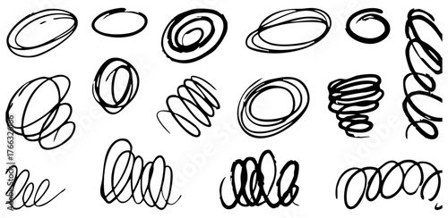 black hand-drawn spiral and oval scribble set: rough marker brush stroke coil and looping line elements
