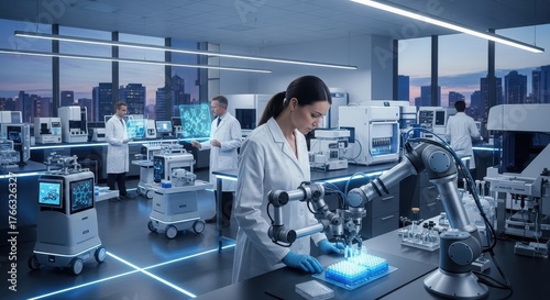 Cutting-edge medical research with robotic automation in a modern laboratory, driving innovation and scientific advancement in a high-tech environment