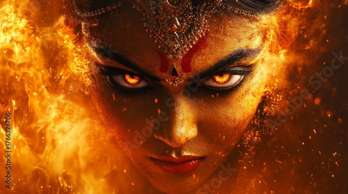 Fierce Digital Illustration of Kali Face Surrounded by Fiery Elements at a Vibrant Festival Scene