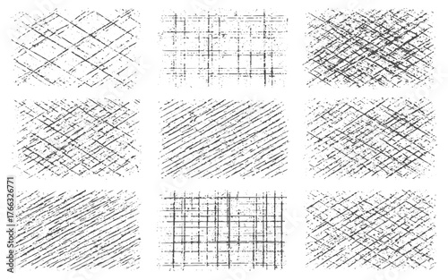 Set of hand drawn crosshatch textures - various pencil shading techniques creating patterns, abstract shapes, curved lines and scribbles..set of monochrome geometric patterns