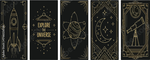 Gold Art Deco Space Mystical Vertical Posters Set with Science and Astronomy Line Icons