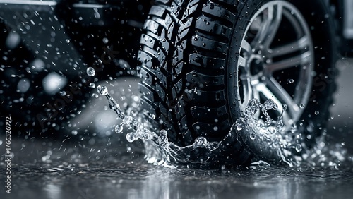 Close up of vehicle tire splashing water creating dynamic textures