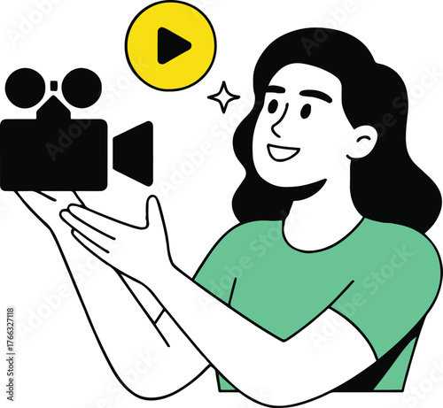 Illustration of a woman holding a vintage camera with a yellow play button above her smiling face