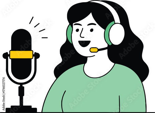Illustration of woman with headphones talking into a microphone during an online recording session