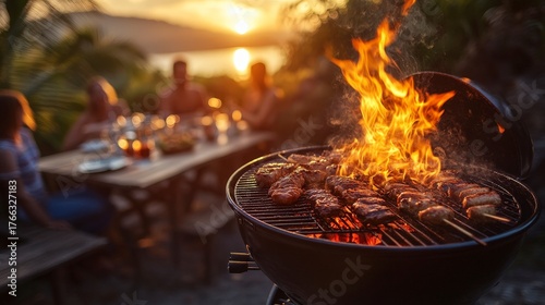 Vibrant BBQ Scene with Flames Rising High and People Enjoying Outdoor Dining at Sunset