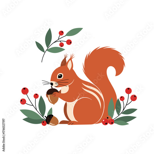 Charming squirrel holding acorn surrounded by berries and leaves in autumn.