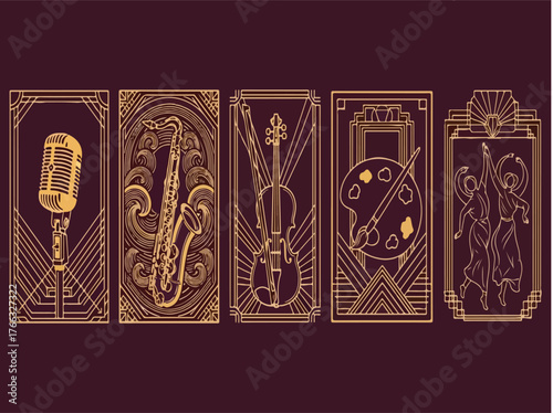 Art Deco vector panels set featuring music, dance, and visual arts icons on dark background
