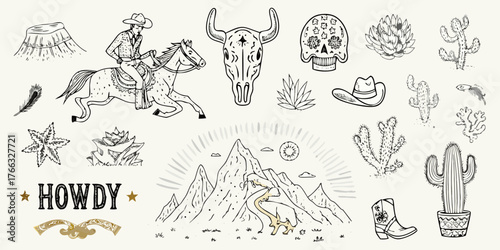 Collection of hand drawn western and desert elements including a cowboy on a horse bull skull cactus and mountains