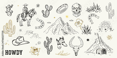 A whimsical collection of hand drawn western elements including a cowboy on horseback cacti mountains and a skull