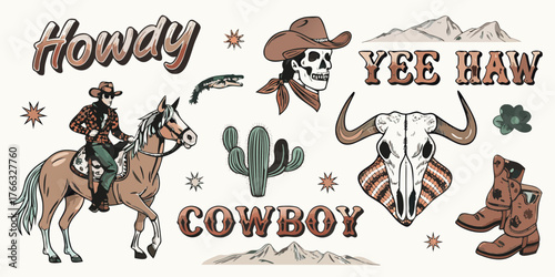 Collection of western cowboy elements including horse rider skull cactus boots mountains and text phrases