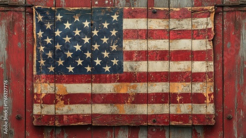Faded American Flag Hanging Elegantly on an Old Barn Door with Weathered Wood and Rustic Charm