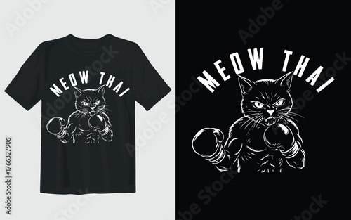 Meow Thai funny pun illustration of an aggressive cat boxer