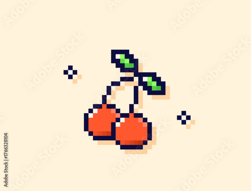 Cute red kawaii pixel art cherries.
