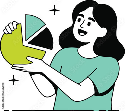 Illustration of a smiling woman holding a colorful pie chart with stars in the background happily