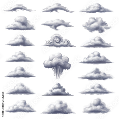 Diverse collection of stylized clouds in various shapes and sizes, perfect for graphic design and atmospheric illustration projects