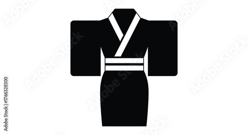 Simple black silhouette of a traditional japanese kimono with a white obi sash and collar
