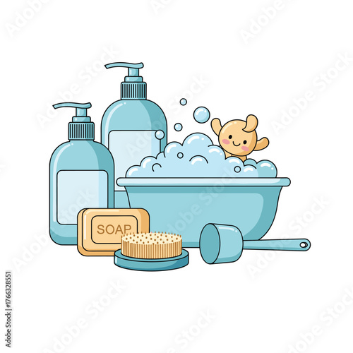 Baby bath time essentials with soap, brush, and bubbles for fun.