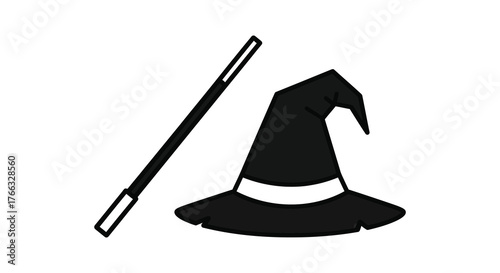 Classic black silhouette of a pointed witch hat with a white band and a magic wand on a white background