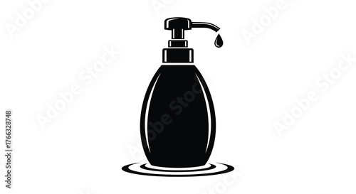 Black silhouette of a pump dispenser bottle with a drop of liquid falling from the nozzle on a white background silhouette
