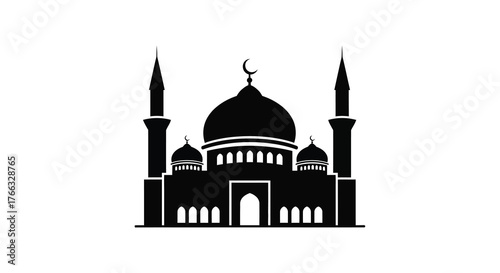 Iconic islamic mosque with dome and minarets depicted in a striking black silhouette against a white background