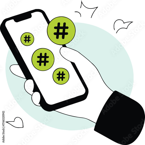Illustration of a hand holding a smartphone with green hashtag symbols in a minimalist style