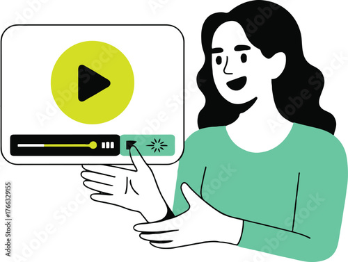 Illustration of a person engaging with a digital video interface element displaying play button icon