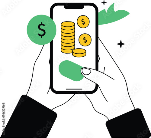 Illustration showing hands holding smartphone with coins and dollar sign on screen in minimal style