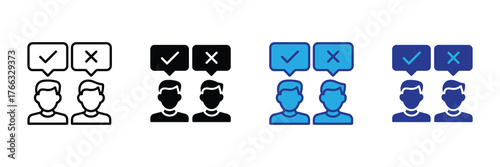Two people icons with speech bubbles showing a checkmark and an x, representing agreement and disagreement, isolated on white background