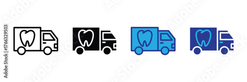 Dental delivery truck icon set with tooth symbol, isolated on white background