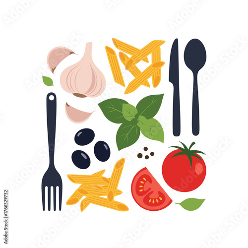 Italian Food Ingredients and Utensils Flat Design.