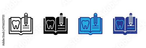 Dental education concept open book with tooth illustration and pencil, representing learning and knowledge in dentistry, isolated on white background