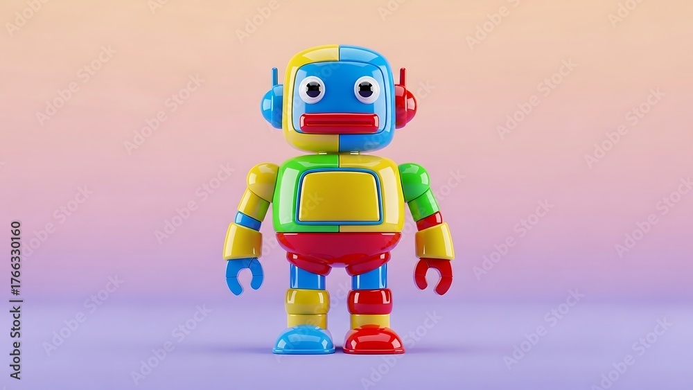 Fototapeta premium Colorful robot toy standing centered against gradient background