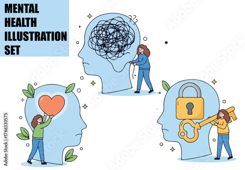 Mental Health and Self-Acceptance Concept. Woman Character Solving Mental Problems, Finding Herself and Personal Growth. Psychotherapy Vector Illustration.