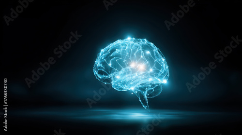 Glowing digital brain, electric cyan, neural network, artificial intelligence, technology