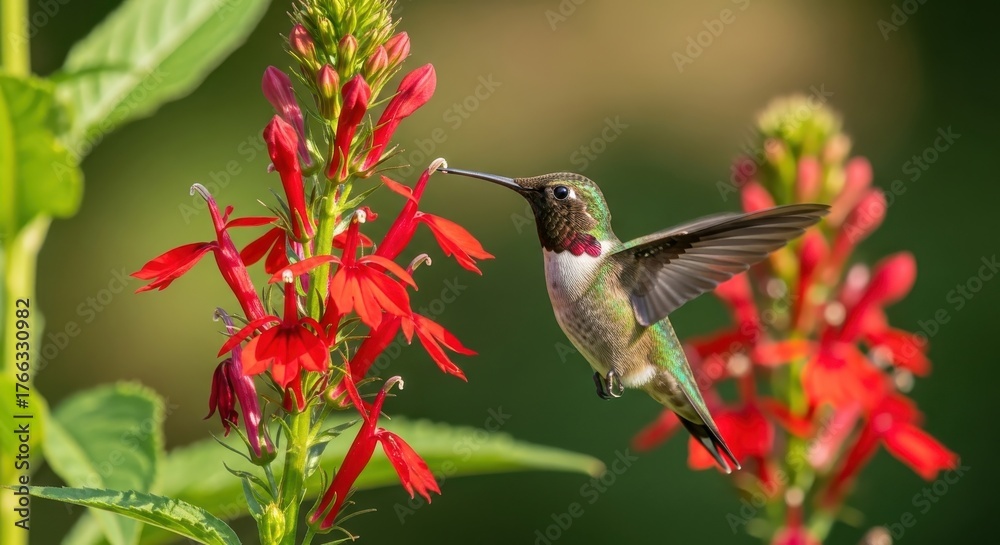 Fototapeta premium Tiny hummingbird delicately sips nectar from vibrant red cardinal flower in lush green garden