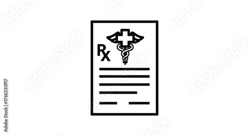Black and white silhouette of a medical prescription form with caduceus symbol and rx text