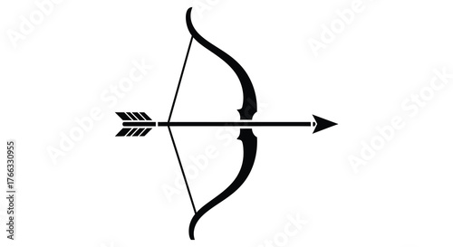 A classic recurve bow and arrow in a stark black silhouette against a white background symbolizing archery and precision