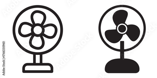 Electric fan silhouette and outline icons for cooling and airflowo