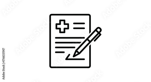 Medical document with cross symbol and pen in silhouette style for healthcare and doctor s notes