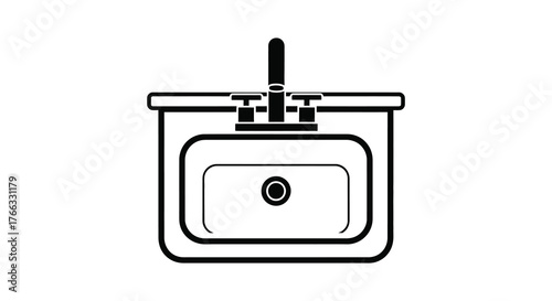 Top view of a modern bathroom vanity sink with faucet in a clean black and white silhouette style